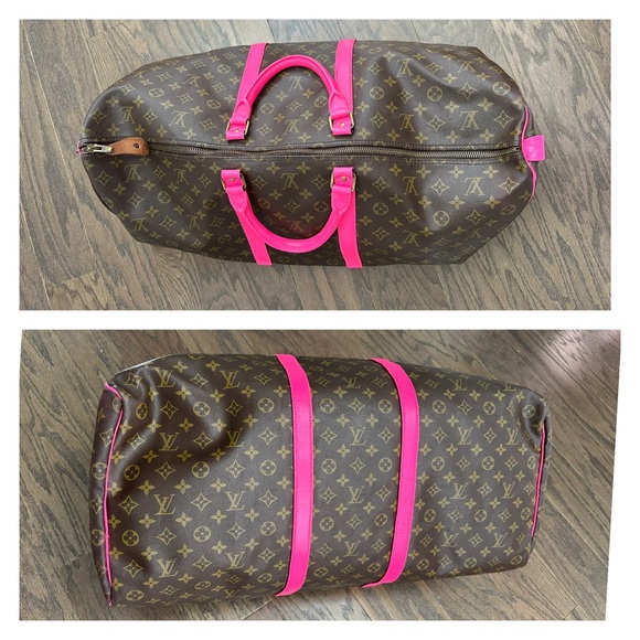 💯 LOUIS VUITTON Monogram Pink Trim Keepall 55 Brown Luggage Bag - Picture 10 of 13